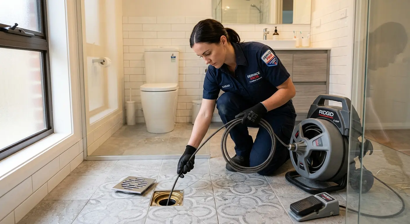 Technician clearing a bathroom floor drain for Drain Repair in Galloway